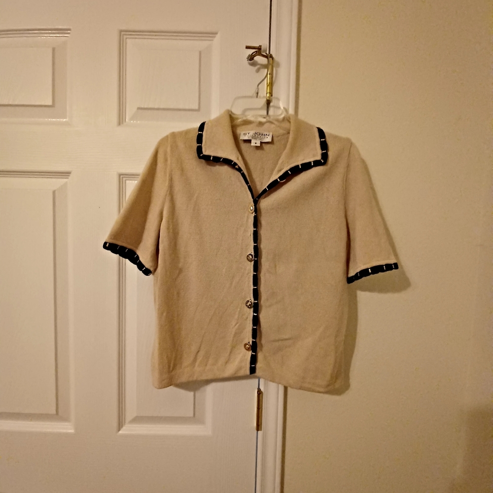 St. John Beige Cardigan with Black Accents